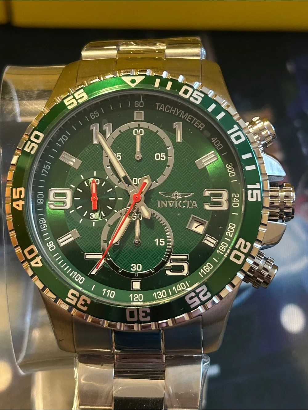 Invicta Specialty 48mm Silver Stainless Steel Chrono with Green Dial and Bezel